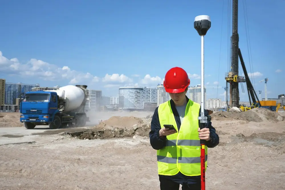 Site manager in a hard hat checking figures on a phone